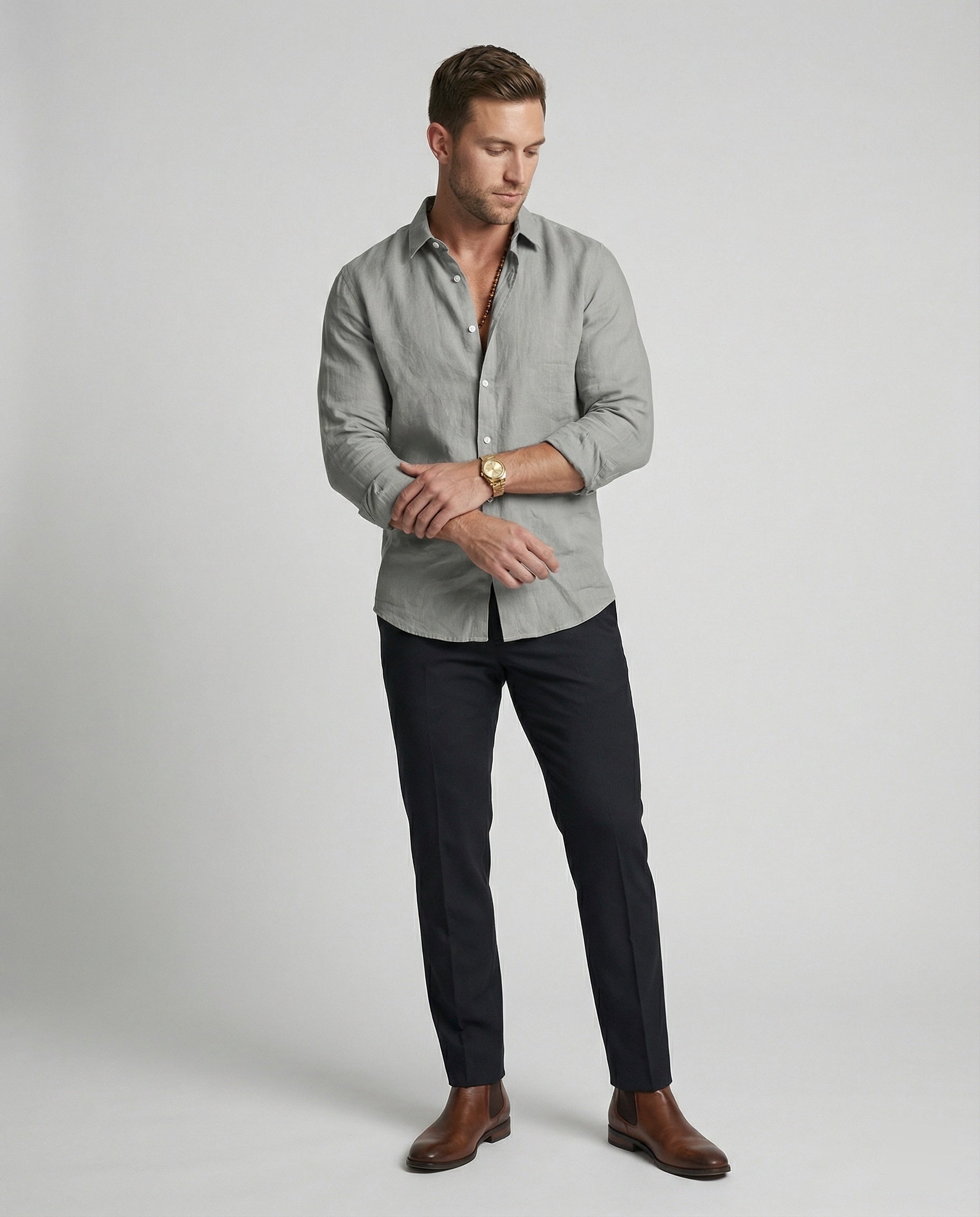 Herren Leinenhemd Sommer Mao Kragen