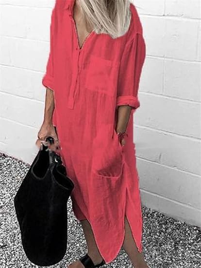 R&B | Lockeres Langes Kleid mit Langen Ärmeln und Seitentaschen Kleid