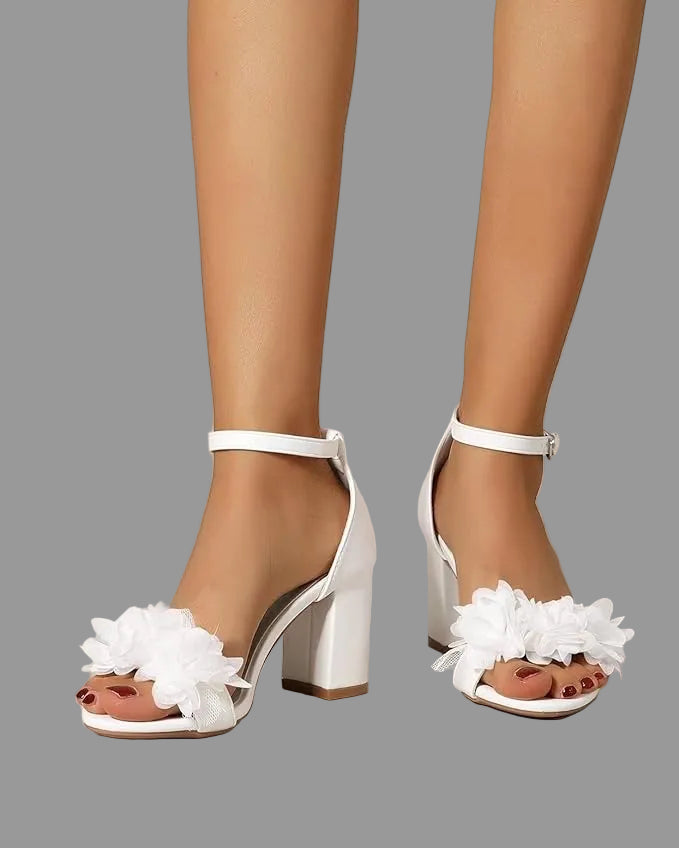 R&B | High Heels Sandalen mit Blumenverzierungen Damen | mit zarten Stoffblumen geschmückte Sandalen für Damen