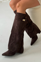 R&B | Wildleder Klappkniehohe Stiefel Schnallen Detail Blockabsatzstiefel