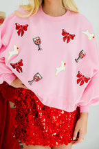 R&B | Weihnachtsbogen-Wein-Glas Pailletten Lockere Lange Ärmel Sweatshirt