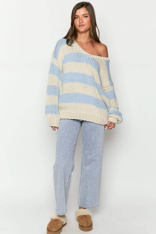 R&B | Off-Shoulder gestreifter Strickpullover für den Herbst-Look