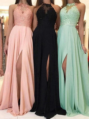 R&B-Fashion Spitze, seitlich geteilt, Neckholder, Rundhalsausschnitt, ärmellos, Damen, Strandkleid, Spitzenkleid, Abendkleid, Maxikleider