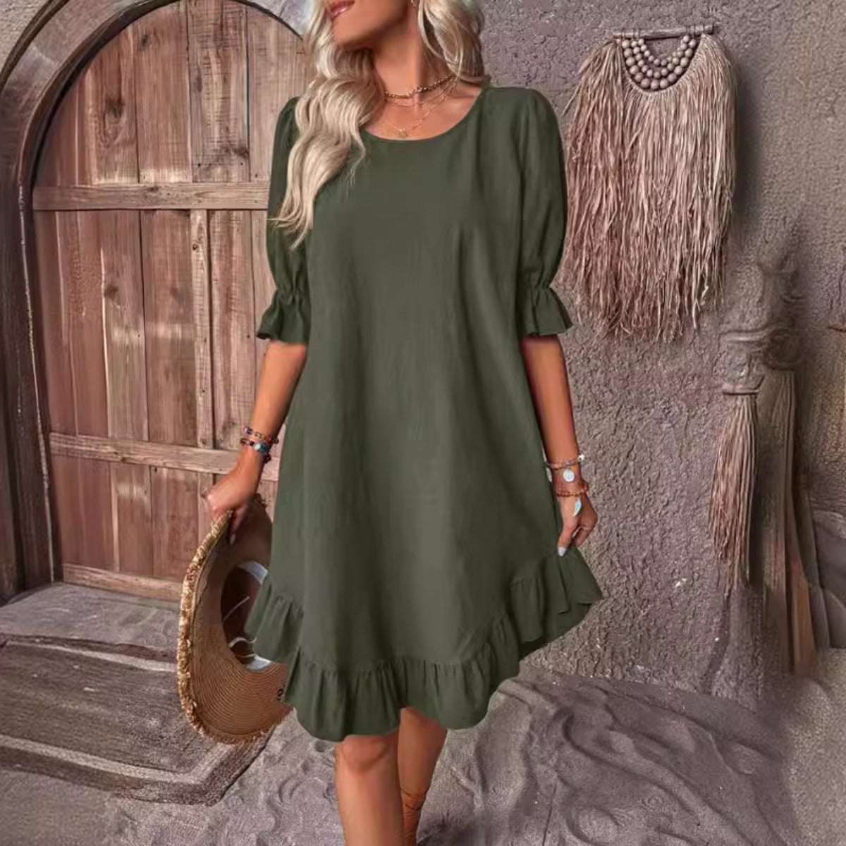 R&B | Mittlere Ärmel Rundhalsausschnitt solide Farbe lockeres Kleid