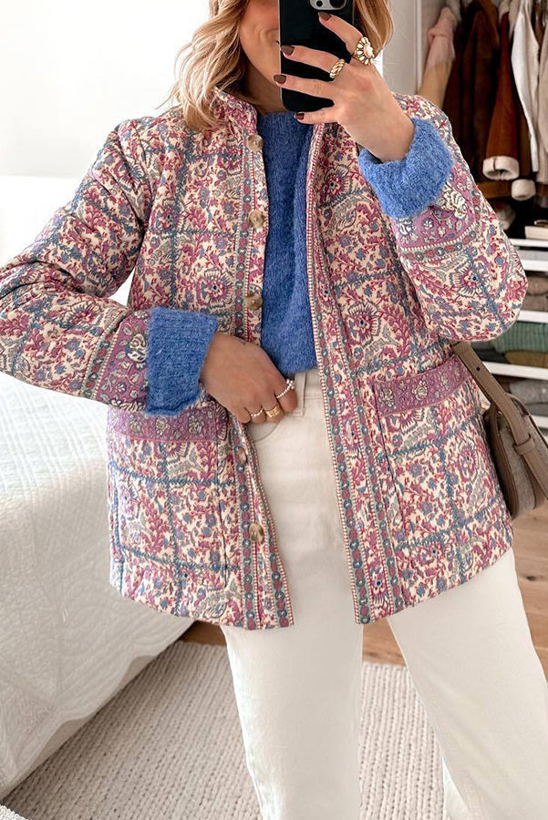 R&B | Paisley-Flower-Print-Knopf-Taschen-Stepp-Leichtgewicht-Baumwolljacke
