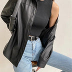 R&B | Vintage Leder Bomberjacke mit Reverskragen und Knopfverschluss