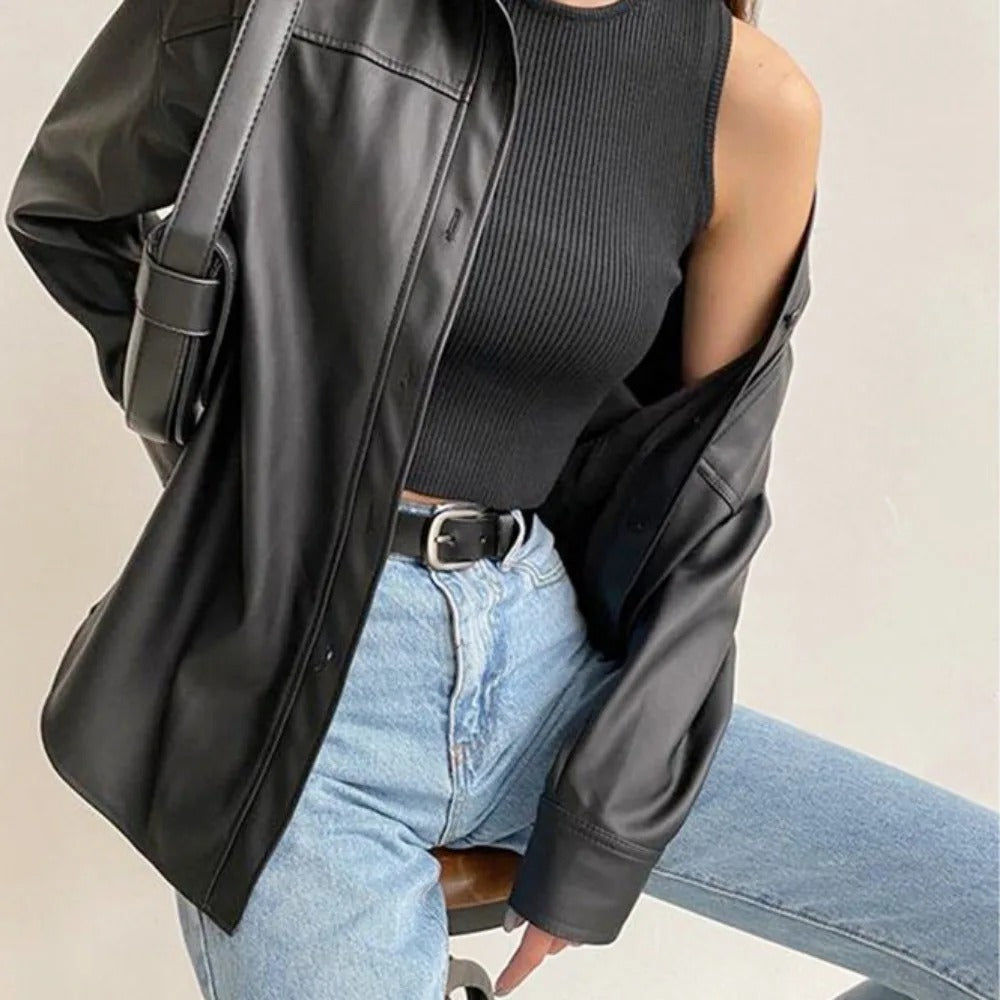 R&B | Vintage Leder Bomberjacke mit Reverskragen und Knopfverschluss