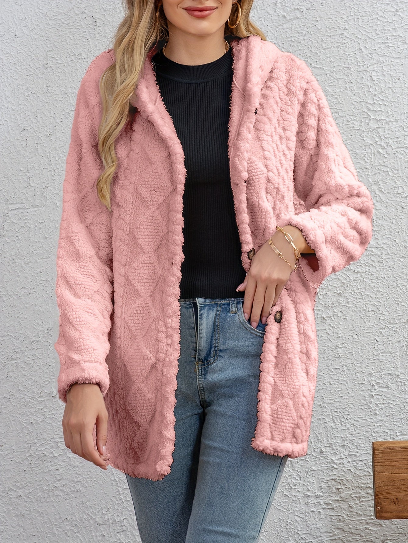 R&B | Fluffy Kapuzenjacke mit Knöpfen Polyester Weich und Warm