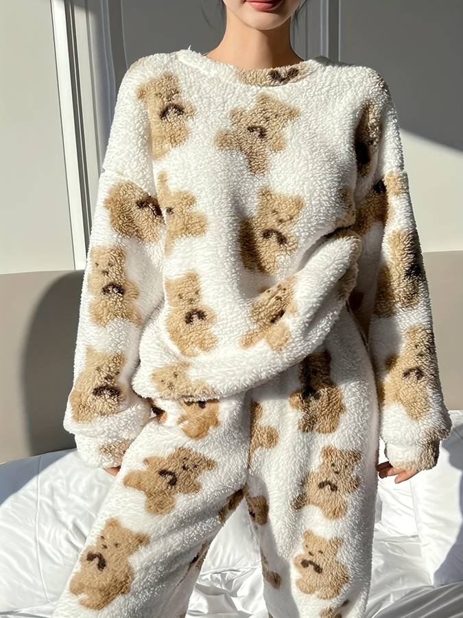 R&B | Bequemes weißes Bärenmotiv Loungewear-Set für Damen