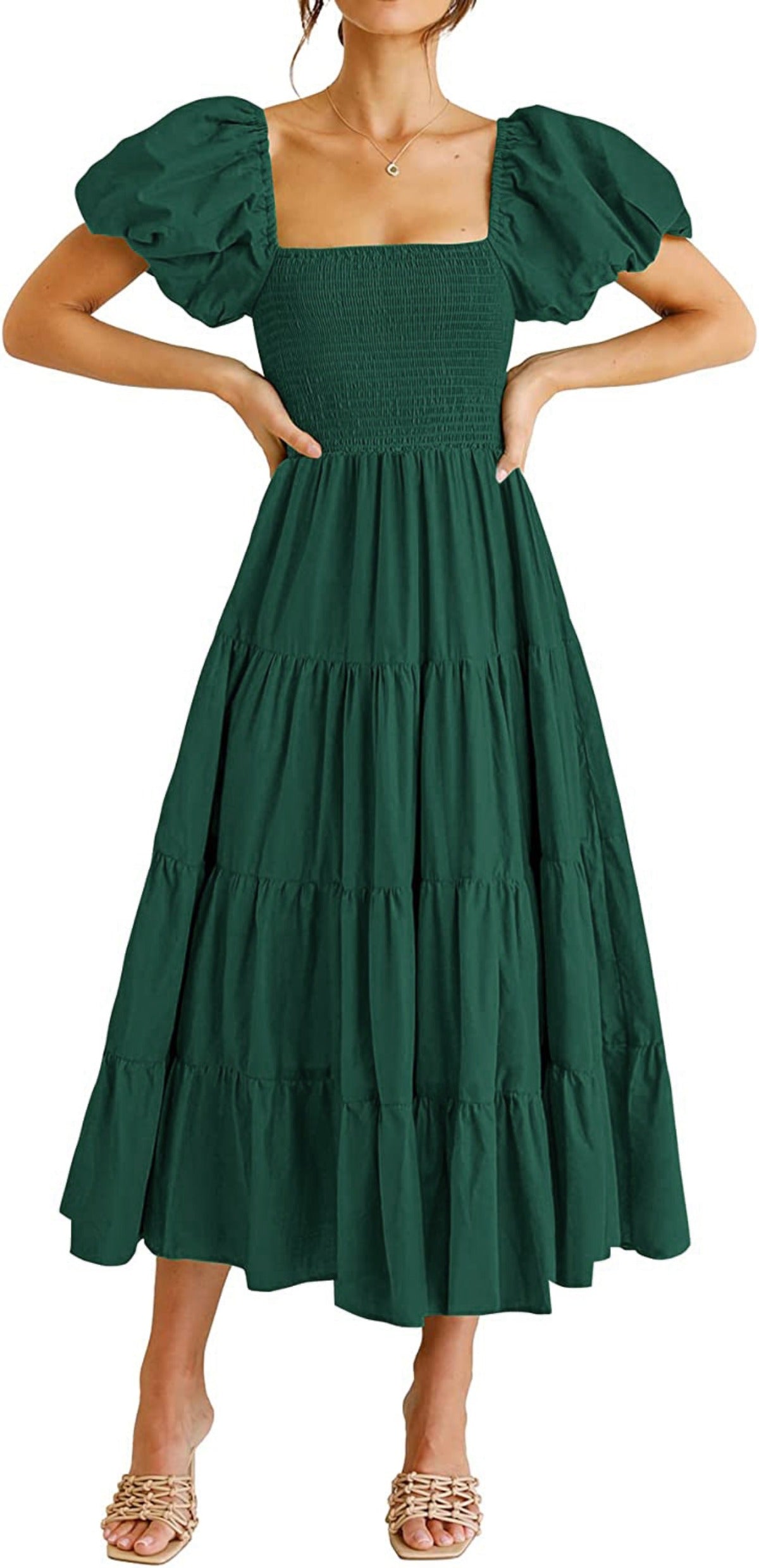R&B | Plissee-Kleid mit quadratischem Ausschnitt und Neckholder-Blasenärmeln