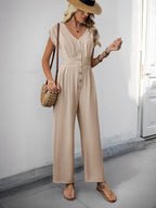 R&B | V-Ausschnitt einfarbiger elastischer Overall mit hoher Taille und weitem Bein