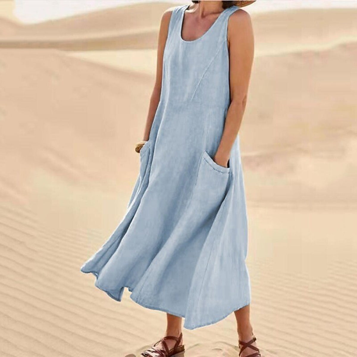 R&B | Ärmelloses Kleid aus Baumwolle mit Rundhalsausschnitt und Tasche