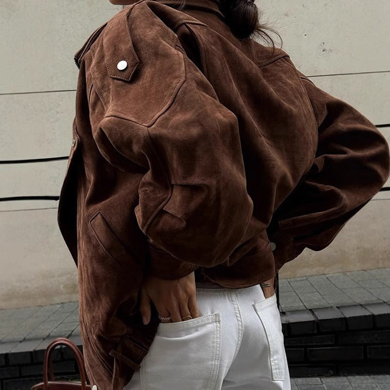 R&B | Übergröße Bomberjacke im Wildleder-Look mit asymmetrischem Reißverschluss
