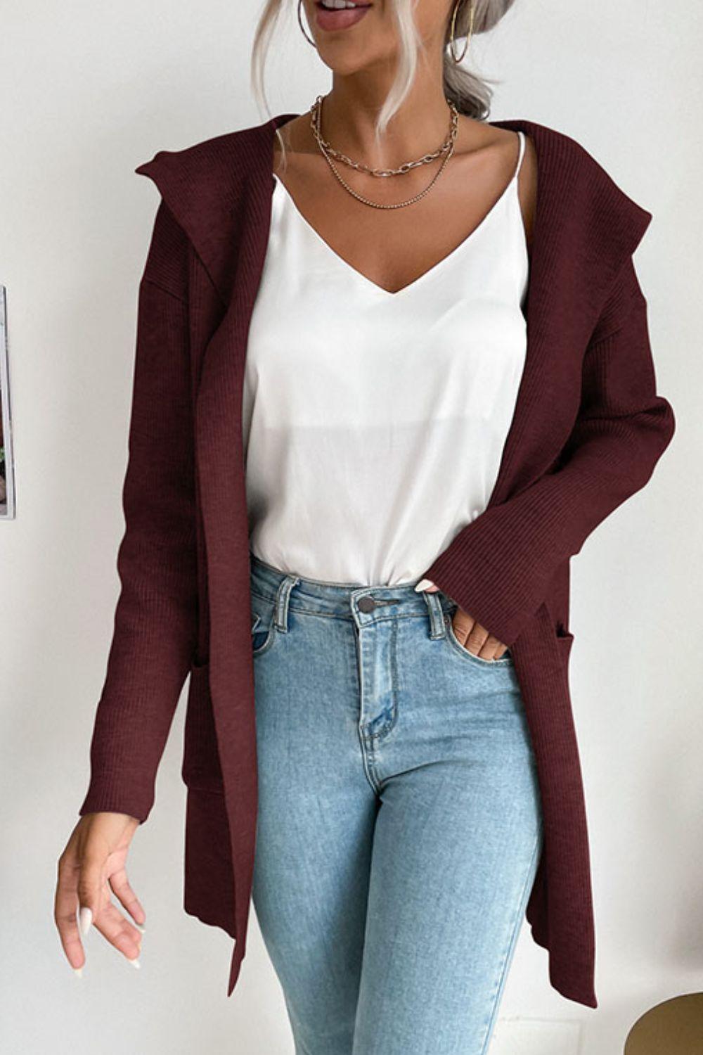 R&B | geripptes offen-front Cardigan mit Kapuze und Taschen