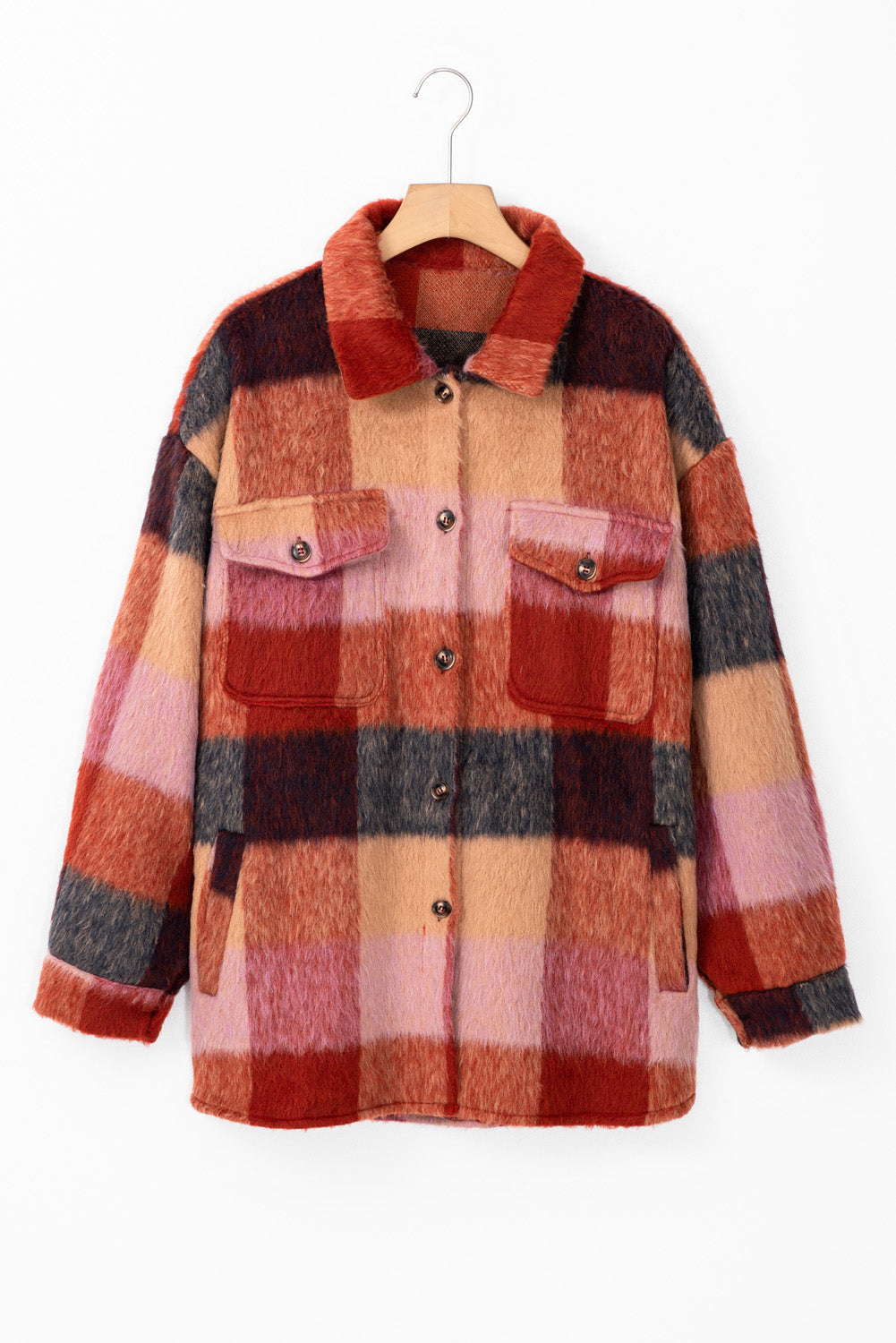 R&B | Geräumige Karierte Orange Freizeitjacke mit Pattentaschen und Knöpfen