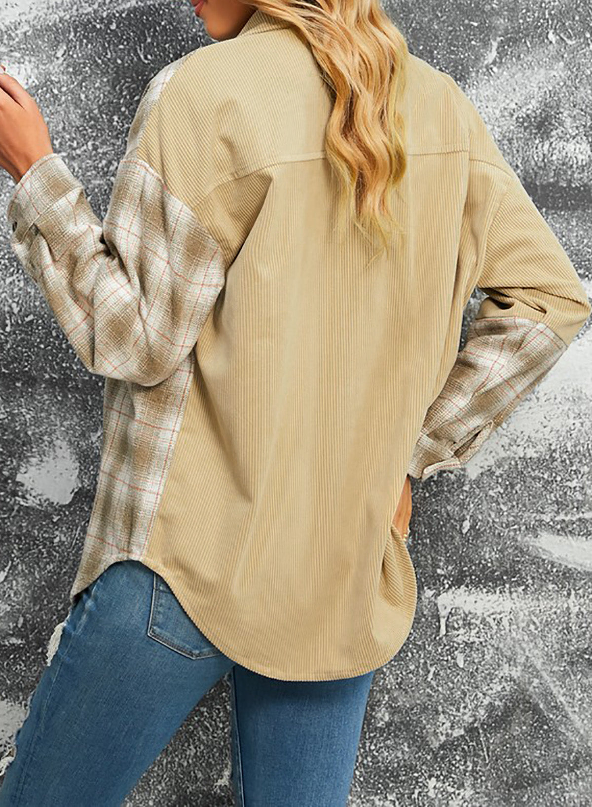 R&B | Karierte Farbblock Gefallen Schulter Corduroy Shacket