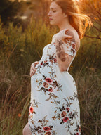 EB Schwangerschafts-Chaps, Midi-Kleider für Fotoshootings, Blumendruck, Bandeau-Kleid mit seitlichem Schlitz, Weiß