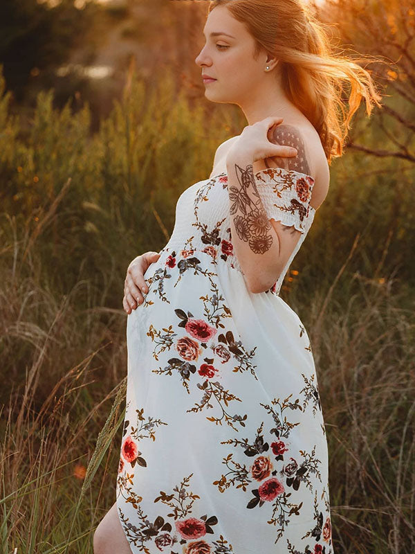 EB Schwangerschafts-Chaps, Midi-Kleider für Fotoshootings, Blumendruck, Bandeau-Kleid mit seitlichem Schlitz, Weiß
