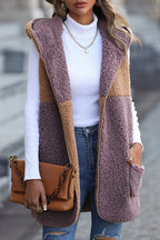 R&B | Ärmelloser Colorblock-Taschenloser Mid-Length Cardigan Puff-Velours-Jacke