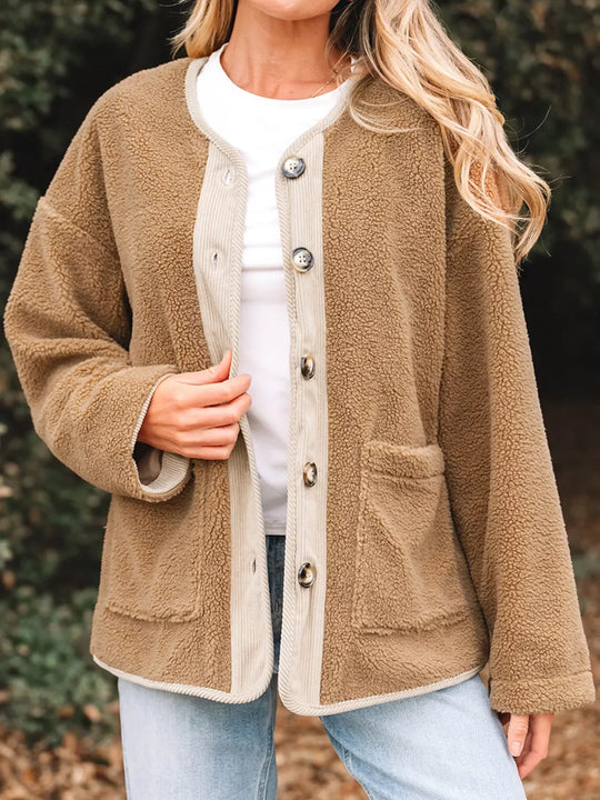 R&B | Damen Button-Front Sherpa Teddy Jacke