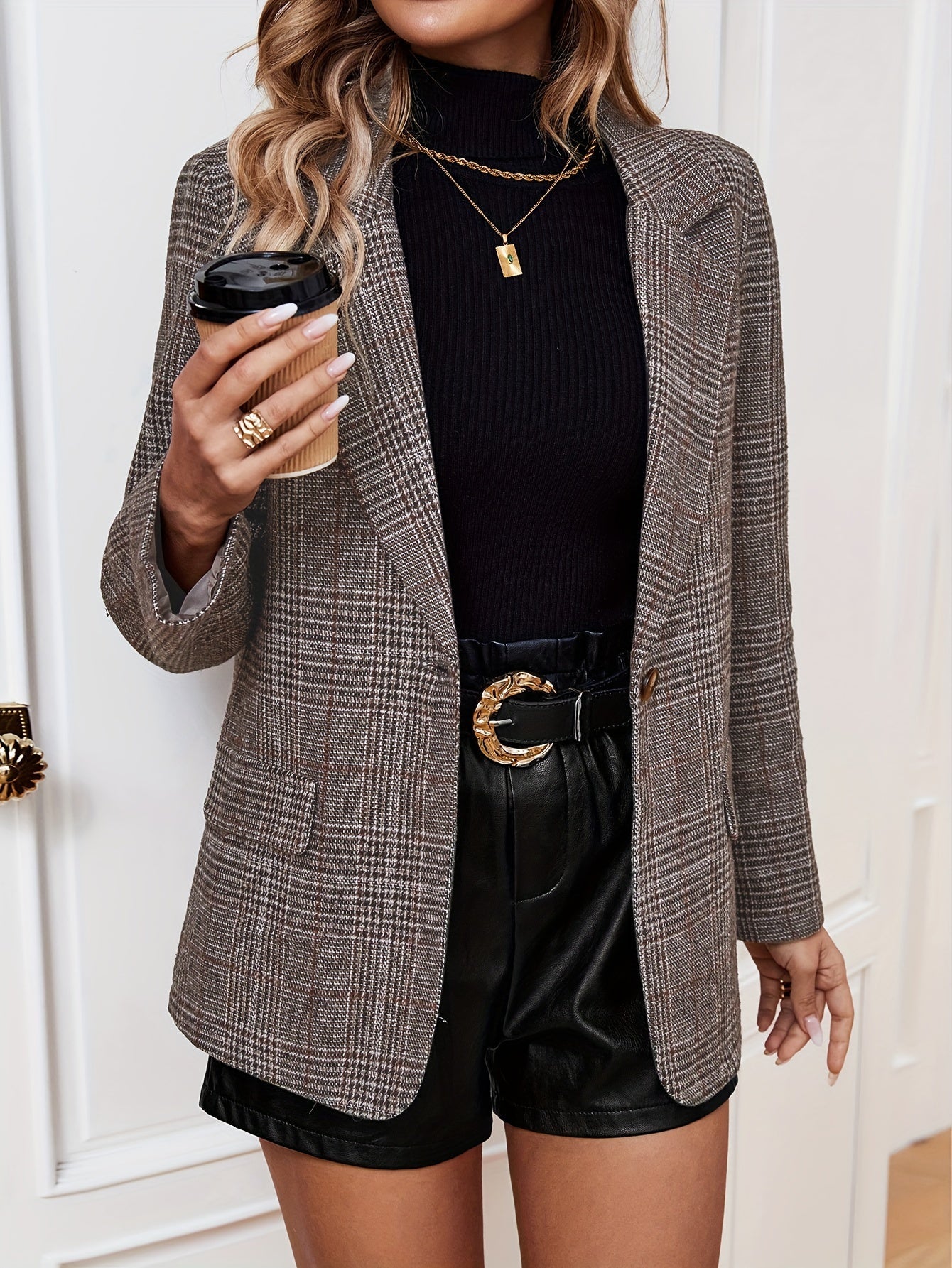 R&B | Eleganter Business Long Blazer mit Karomuster und aufgesetztem Revers Ideal für alle Jahreszeiten