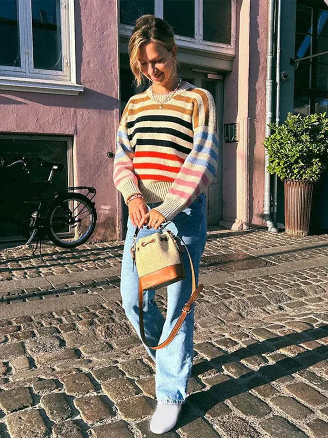 R&B | Bunter Gestreifter Vintage Strickpullover mit Rundhalsausschnitt