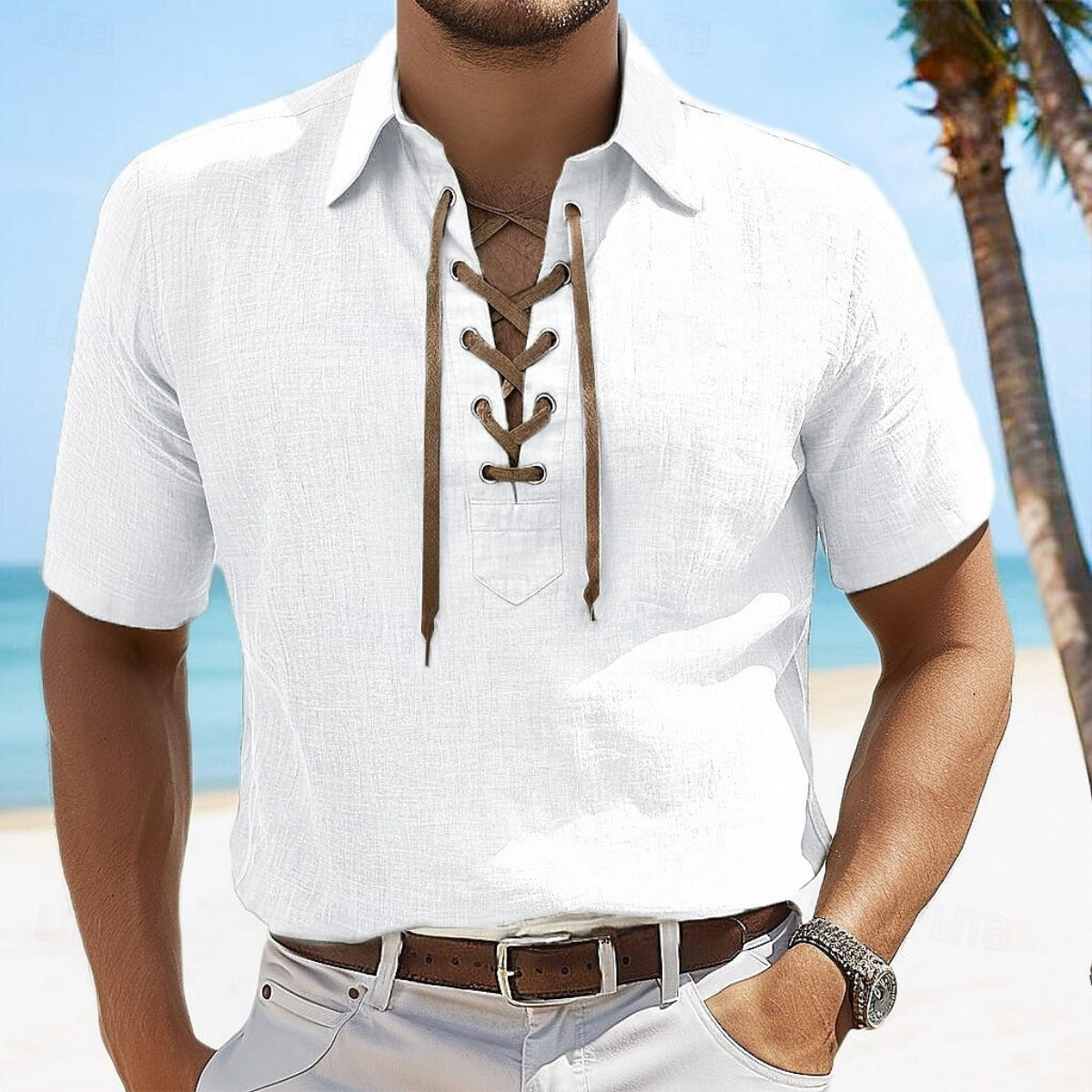 R&B | Leinen Revers Tether V-Ausschnitt Kurzarm-Shirt