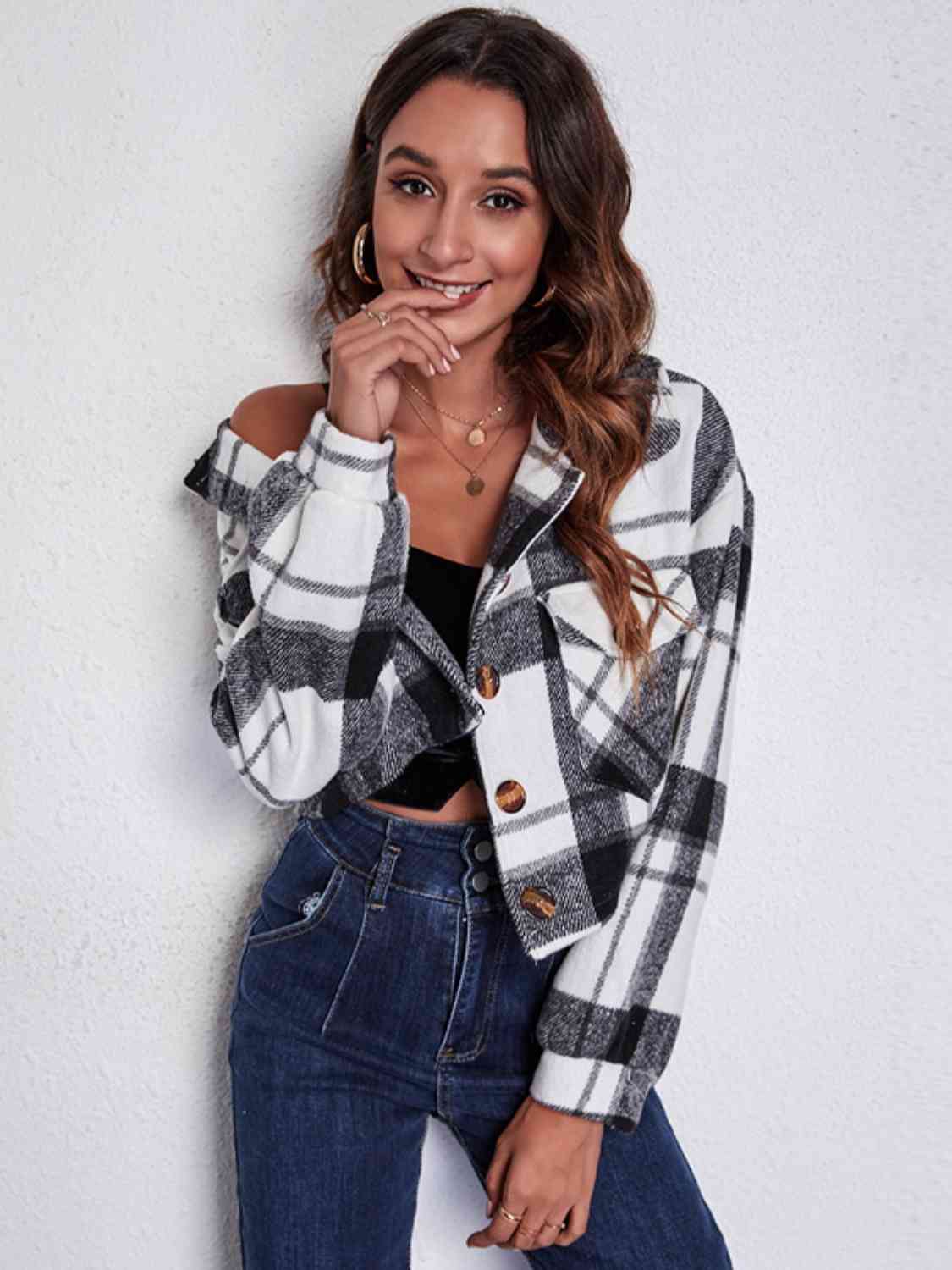 R&B | Karierter Knopf-Front-Jacke mit Taschen