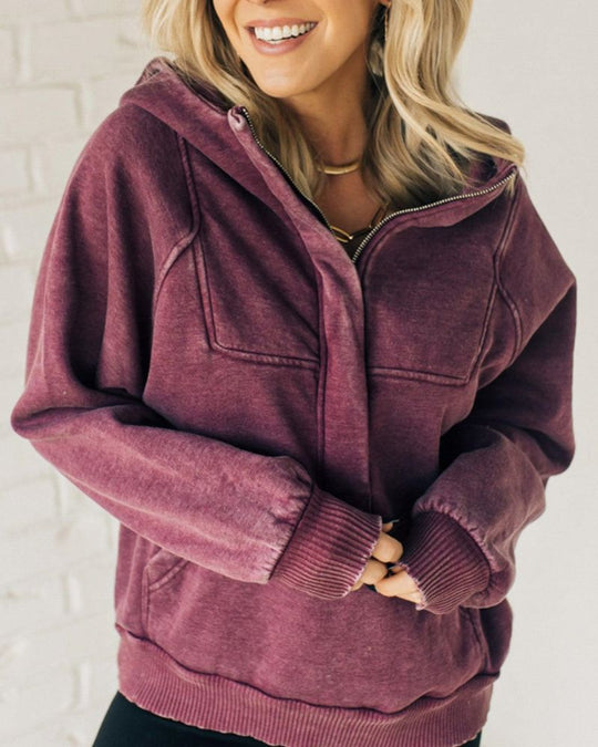 R&B | Zip Henley Acid Wash Fleece Hoodie