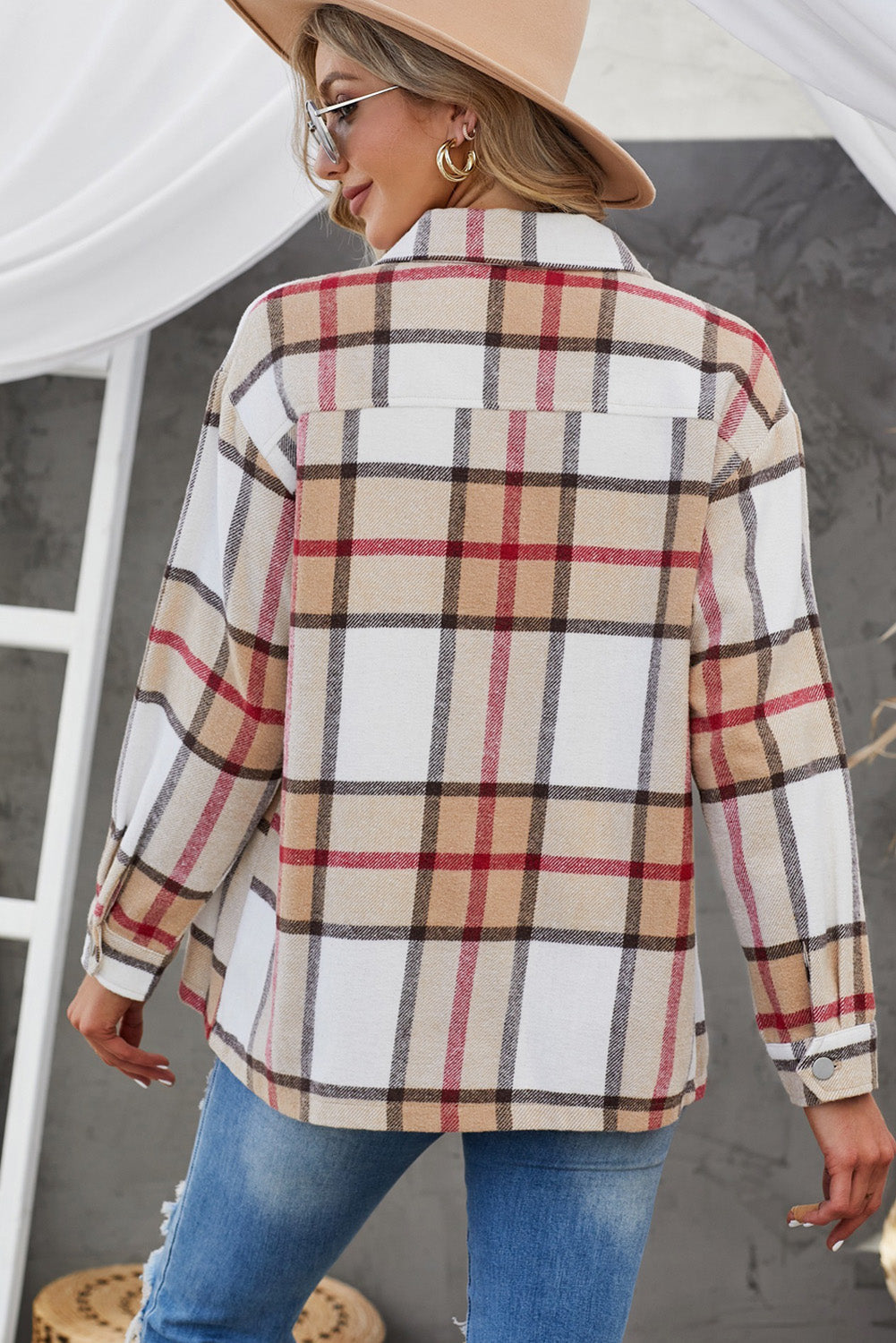 R&B | Karierte Button-Up Shirtjacke mit fallenden Schultern