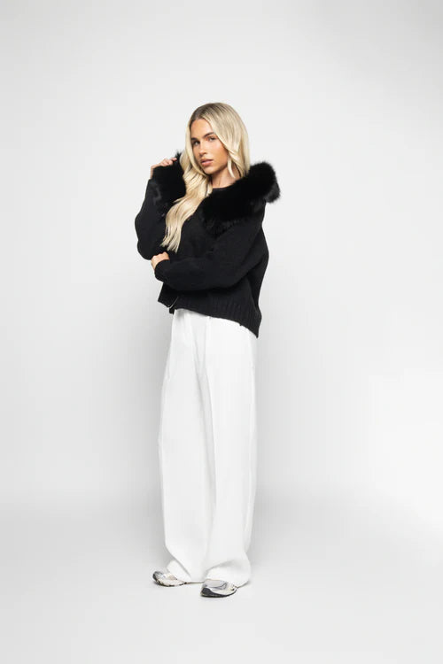 R&B | Strickjacke mit Kunstpelzkragen Reißverschlussverschluss Warm und Stilvoll