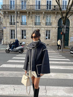 R&B | Mantel Poncho-Stil - Oversized Passform - Wollmischung - Hoher Kragen - 3/4 Ärmel