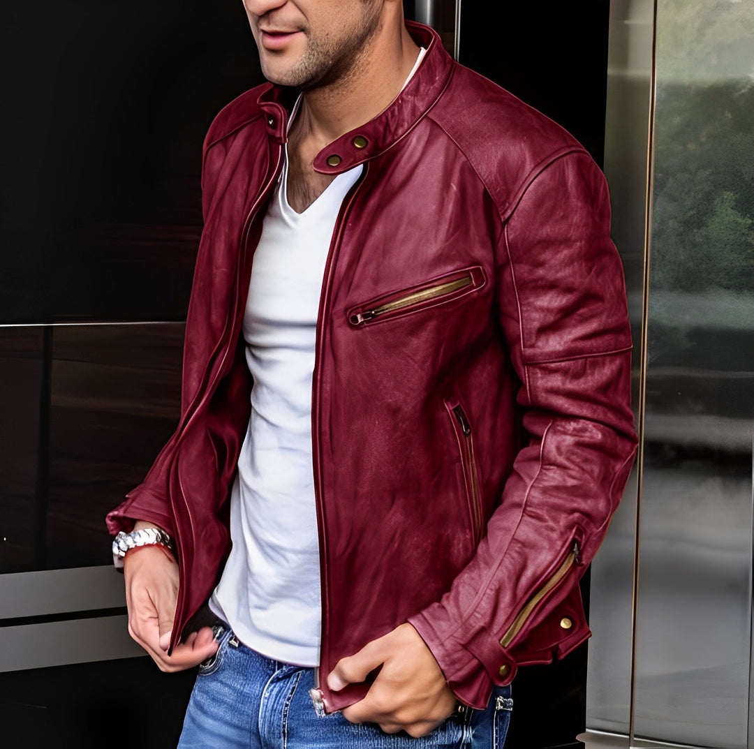 R&B | Klassische Lederjacke mit Reißverschlusstaschen für Männer