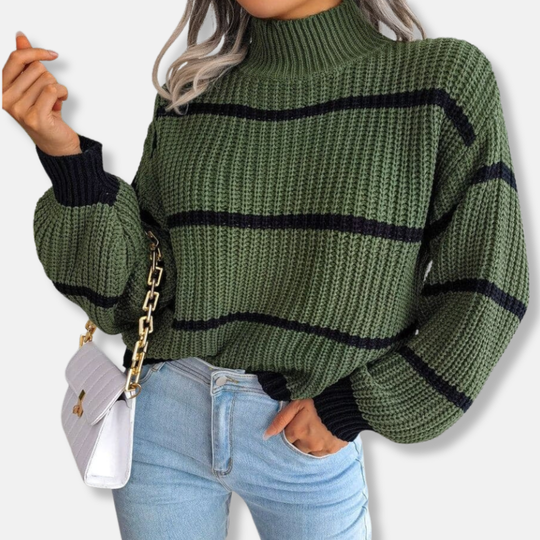 R&B | Strickpullover Weicher Gerippter Rollkragen Lockere Passform Klassische Streifen