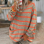 R&B | Strick Oversize Pullover Beige mit Orangefarbenen Streifen Baumwollmischung Lässig und Bequem
