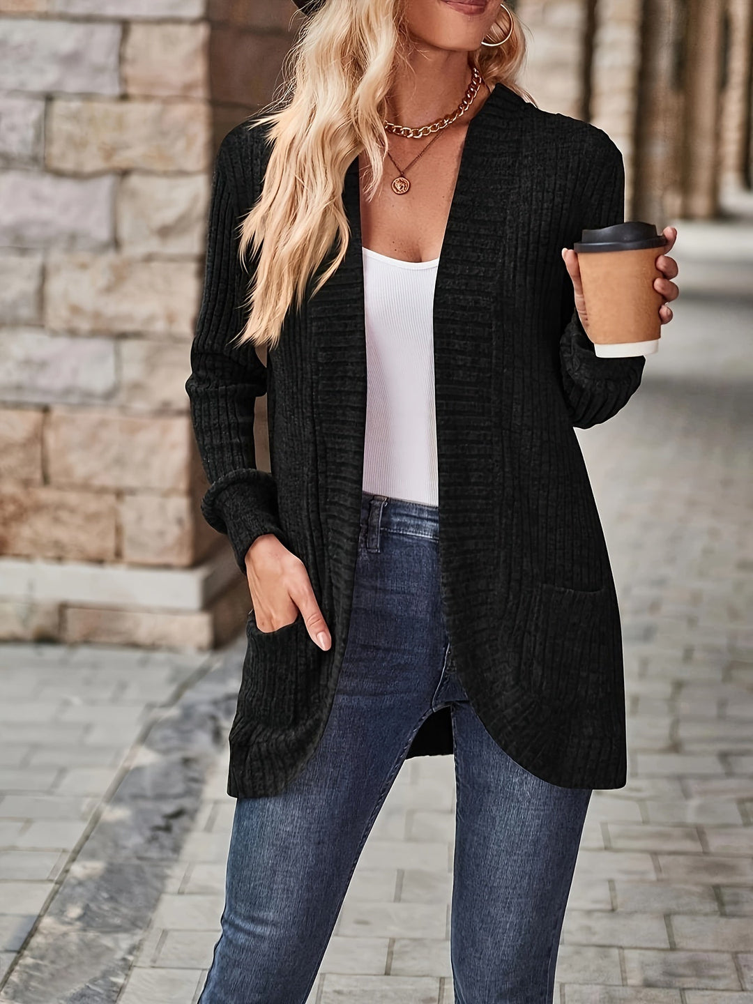 R&B | Damen Gerippter Offener Vorderseite Strickjacke Lange Ärmeln Lässig Strickpullover mit Taschen