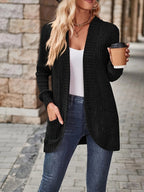 R&B | Damen Gerippter Offener Vorderseite Strickjacke Lange Ärmeln Lässig Strickpullover mit Taschen