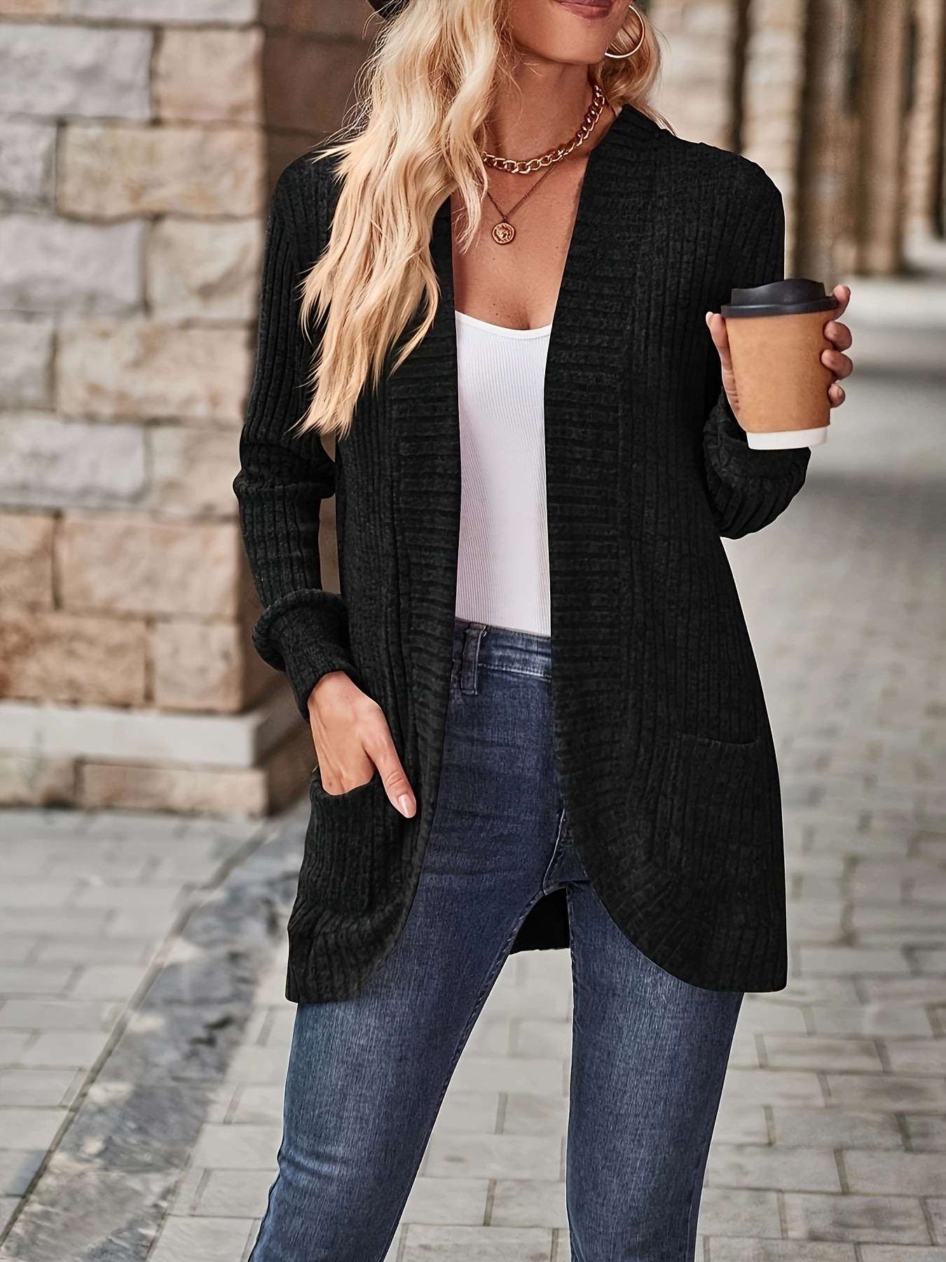 R&B | Damen Gerippter Offener Vorderseite Strickjacke Lange Ärmeln Lässig Strickpullover mit Taschen
