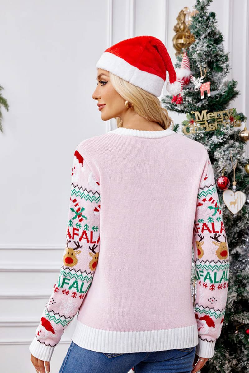 R&B | Locker Sitzende Rundhals Weihnachts Cartoon Strickpullover - Pink