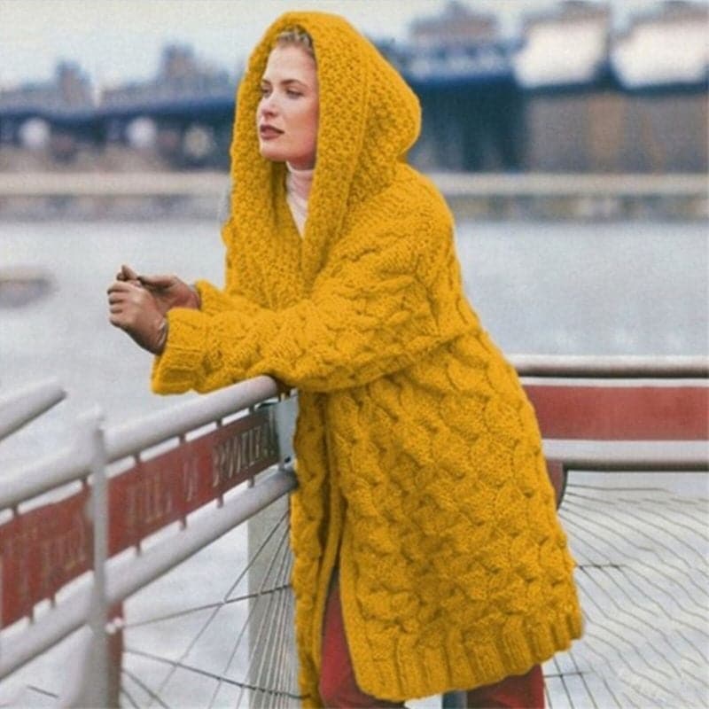 R&B | Gestrickte Strickjacke Langmodell Kabelstrick mit Kapuze Offene Vorderseite
