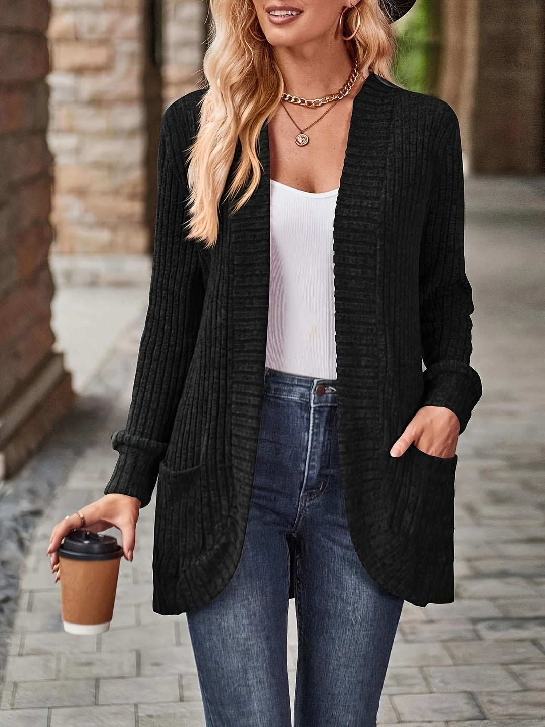 R&B | Damen Gerippter Offener Vorderseite Strickjacke Lange Ärmeln Lässig Strickpullover mit Taschen