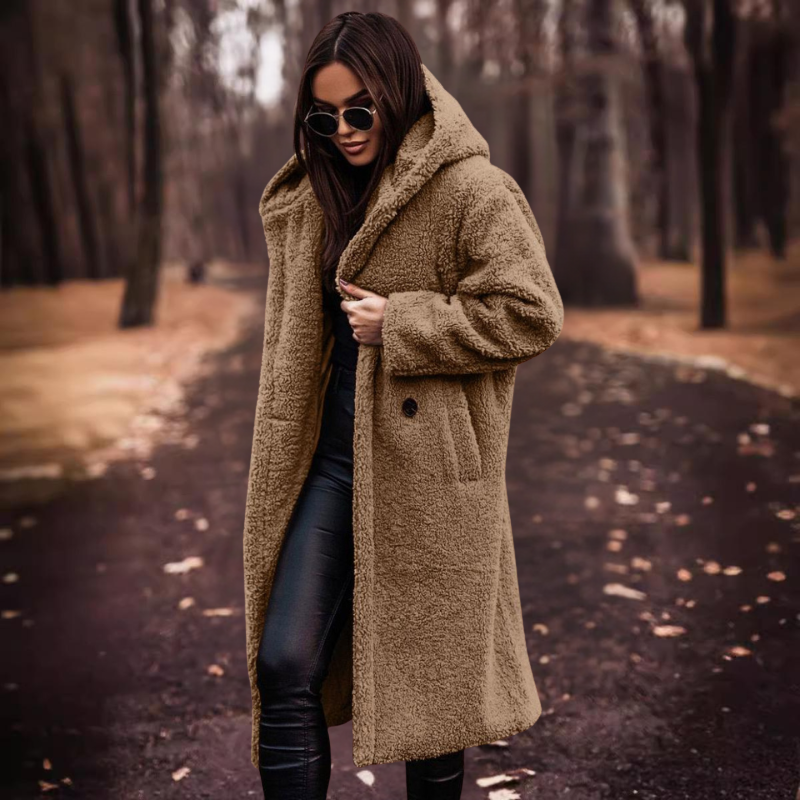 R&B | Langer Damen-Teddy-Mantel mit Kapuze