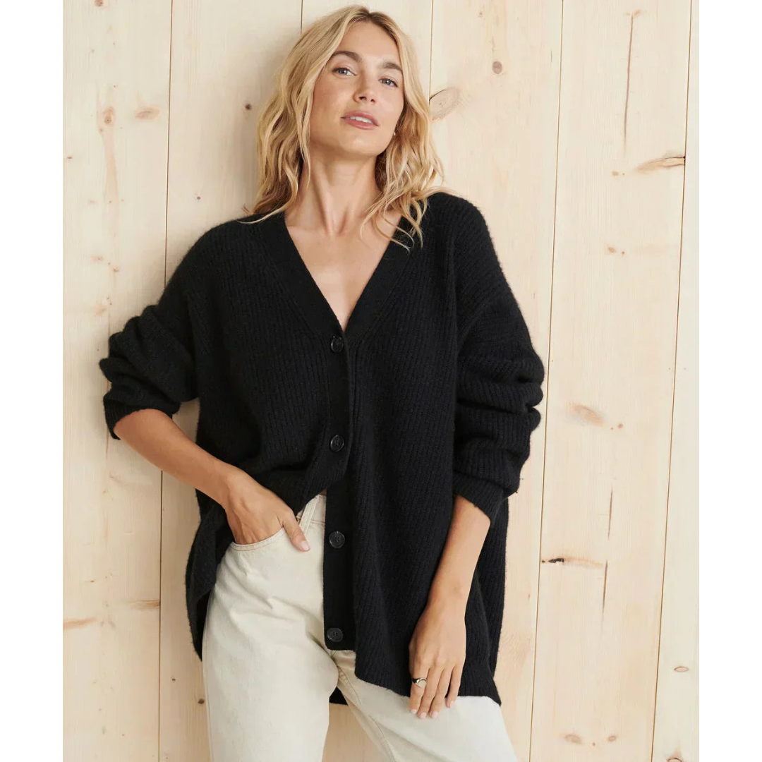 R&B | Lange Strickjacke Lässige Passform Wollmischung V-Ausschnitt Knöpfe