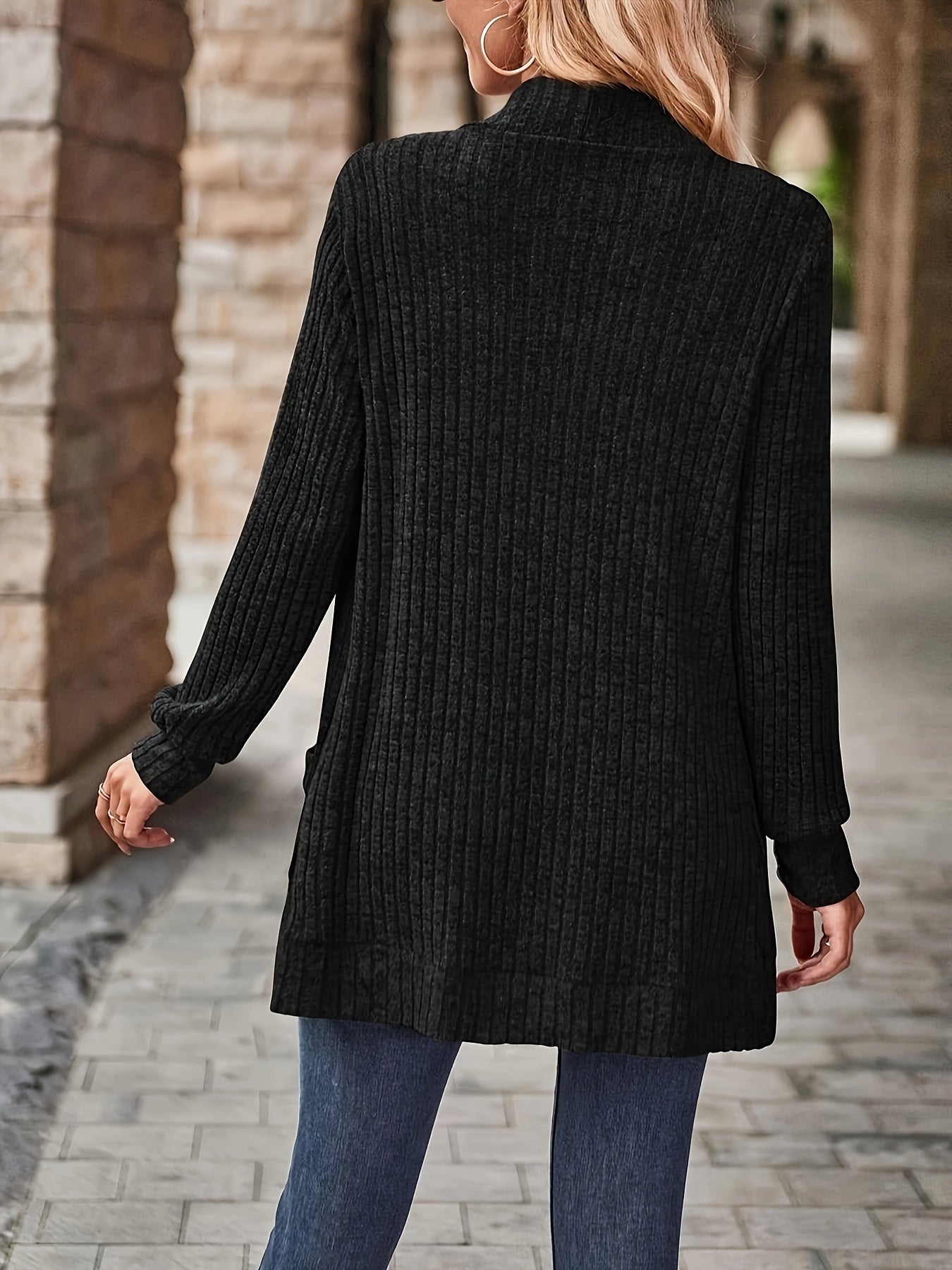 R&B | Damen Gerippter Offener Vorderseite Strickjacke Lange Ärmeln Lässig Strickpullover mit Taschen