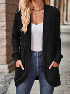 R&B | Damen Gerippter Offener Vorderseite Strickjacke Lange Ärmeln Lässig Strickpullover mit Taschen
