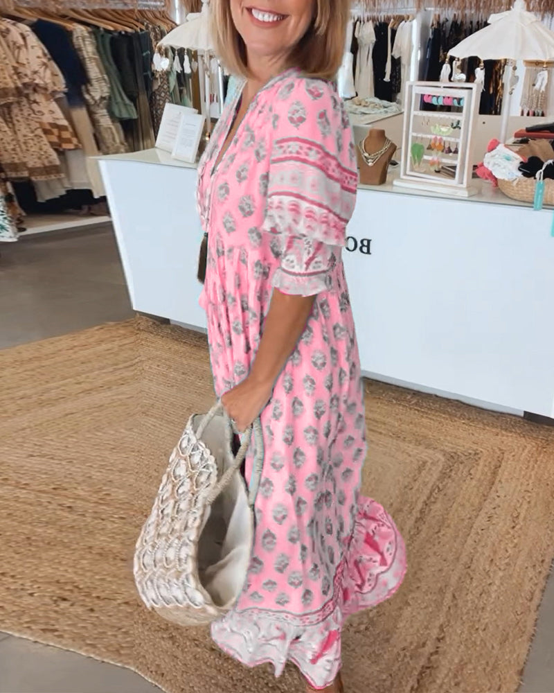 Lässiges Bedrucktes Kleid Mit V-ausschnitt Und Halben Ärmeln