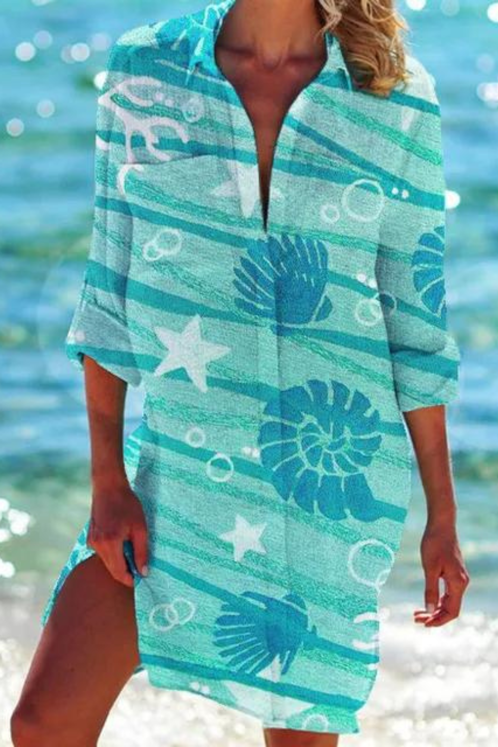 R&B - Lange Strandbluse mit Meeresmotiv