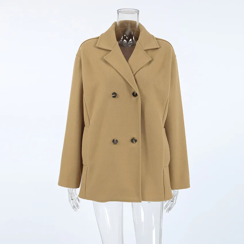 R&B | elegante braune Wolljacke mit doppelter Knopfreihe, halblang