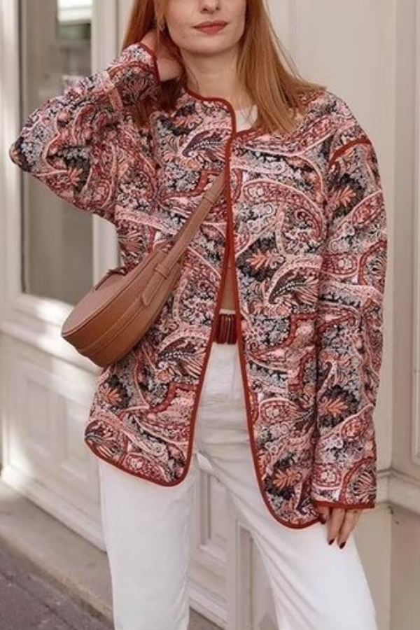 R&B | Print Lockere V-Ausschnitt Cardigan Baumwolljacke