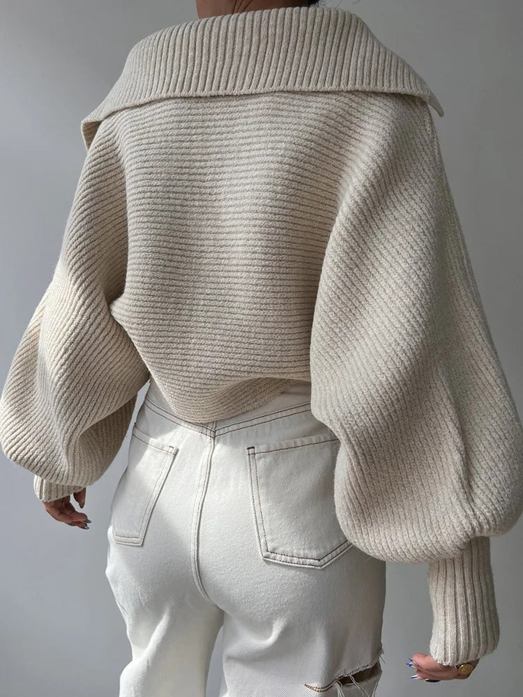 R&B | Strickpullover mit Laternenärmeln und offenem Kragen